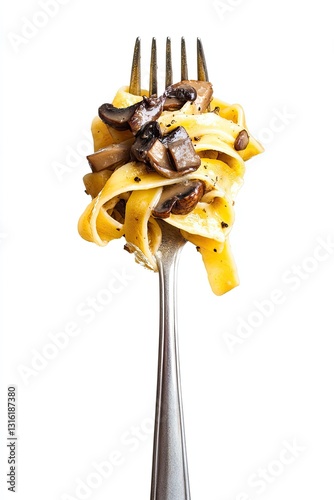 Pappardelle on a fork with wild mushroom sauce isolated on white high resolution 