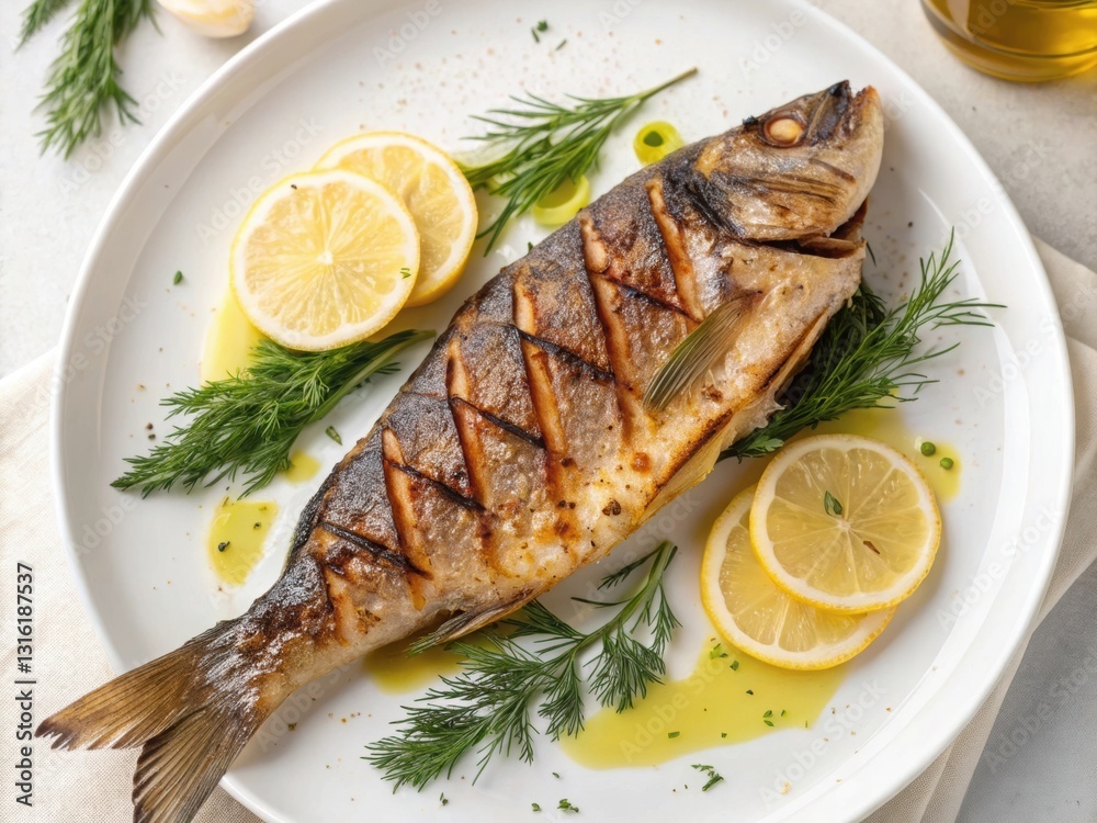 Charcoal Grilled Fish with Lemon, Dill, and Olive Oil, Healthy and Flavorful Seafood Dish Charcoal Grilled Fish with Lemon, Dill, and Olive Oil, Healthy and Flavorful Seafood Dish