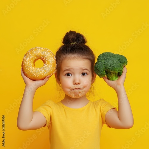 Struggling between sweet treats and healthy greens, a little girl decides on a donut or broccoli against a vibrant yellow backdrop. Generative AI