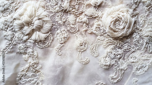 Intricate lace fabric with floral embroidery in soft white tones.