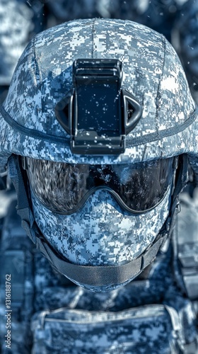 Close up view of a soldier's face, partially obscured by a camouflage helmet and face mask, with a small device attached to the helmet. The overall color palette is muted blues and grays. photo
