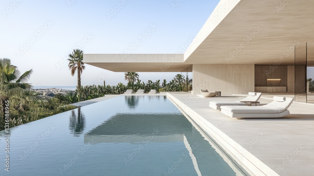 Fototapeta premium Modern villa's infinity pool overlooking coastal landscape