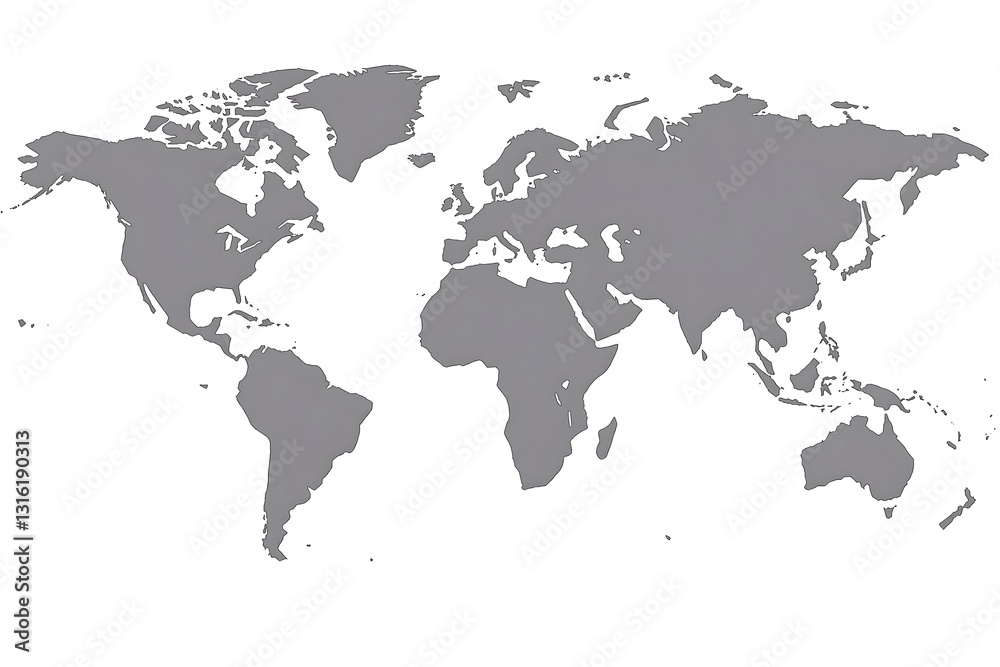 Simple Gray Silhouette World Map Isolated on White Background, Basic Geographic Template for Global Studies and Educational Materials Simple Gray Silhouette World Map Isolated on White Background, Basic Geographic Template for Global Studies and Educational Materials