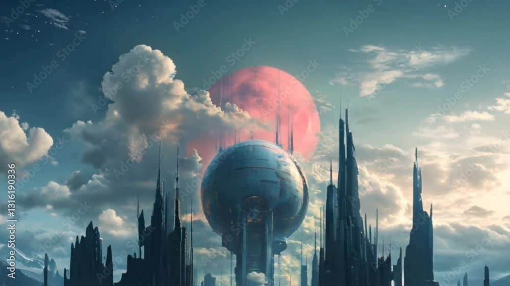 A lone figure stands before a futuristic city with towering spires and ...