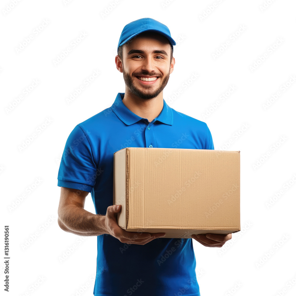 smiling delivery man in blue holding cardboard box smiling delivery man in blue holding cardboard box