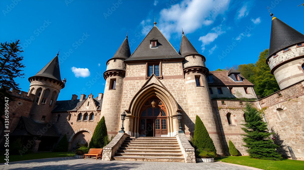 Fototapeta premium Entrance in Bran castle, home of Dracula, Brasov, Transylvania. The medieval Bran Castle, which was once besieged by Vlad the Impaler, is a popular tourist destination