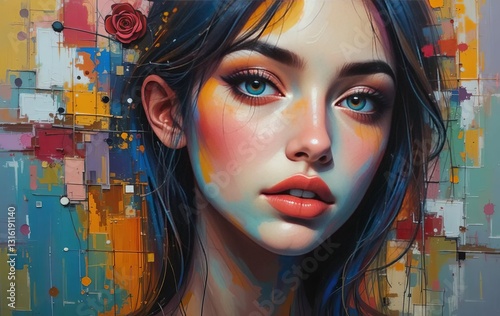 An abstract portrait of a young woman on a canvas, with vibrant colors and brushstrokes