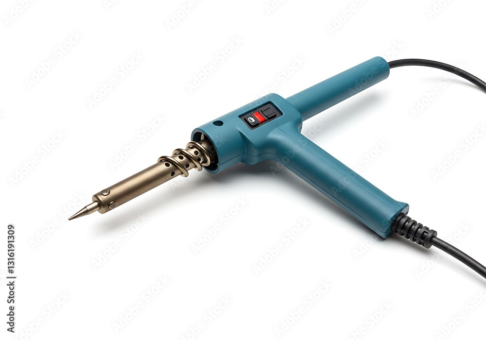 Soldering Gun with Blue Handle on White Surface for Electronics Work Soldering Gun with Blue Handle on White Surface for Electronics Work