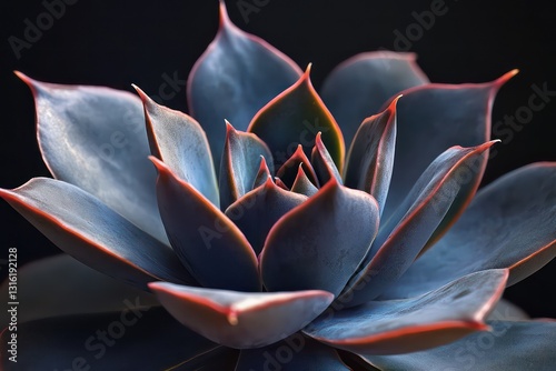 A close-up of the pointed, fleshy leaves of an Echeveria Black Prince, illuminated by soft natural light.