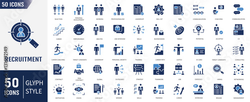 Recruitment icon set. Headhunting, career, resume, job hiring, candidate and human resource icons and more. Vector illustration
