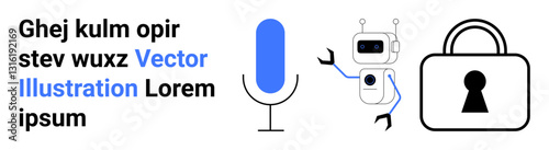 Microphone, friendly robot, and padlock illustrate voice command technology and cybersecurity. Ideal for tech articles, digital security topics, AI discussions, smart home devices, voice recognition