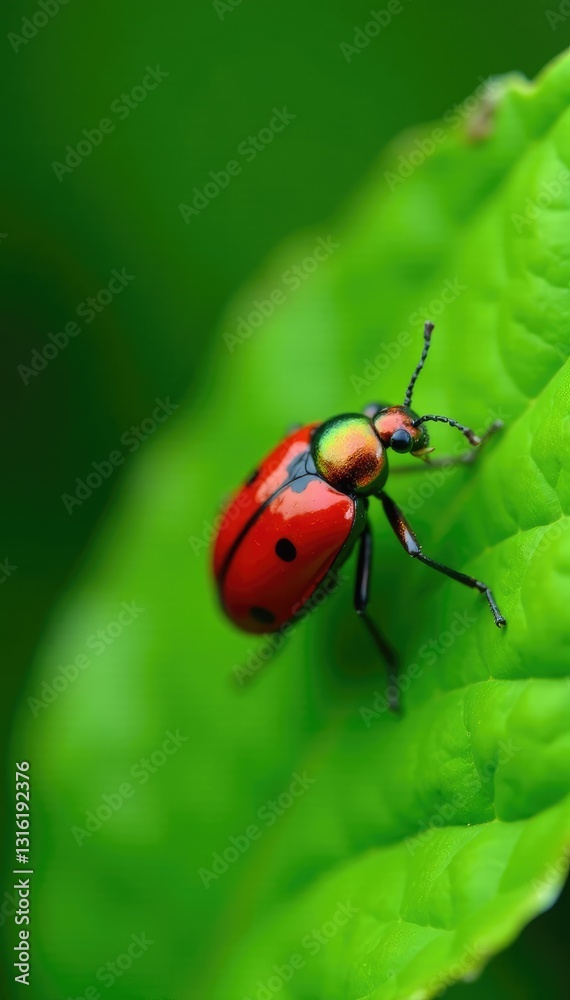 Obraz premium Colorful scarlet red lily beetle bug on a large bright green leaf, bug, insect, garden