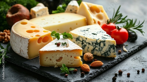 Various cheeses on a stone slab decorated with vegetables and herbs.
