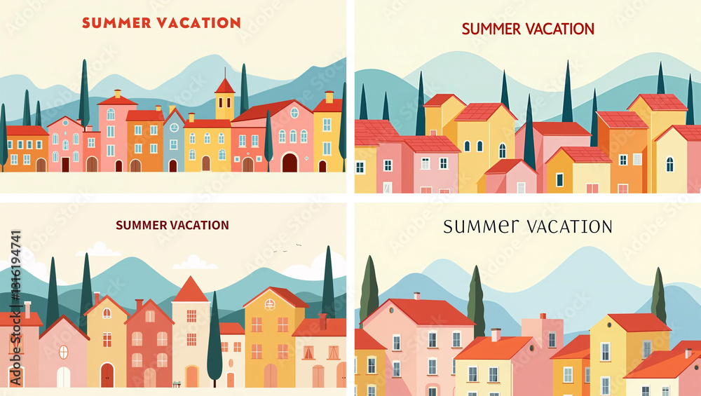 Fototapeta premium Set of summer nature landscape poster, web banner, and a cover card.