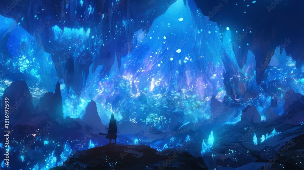 Obraz premium Solitary Figure Contemplating a Bioluminescent Crystal Cave City