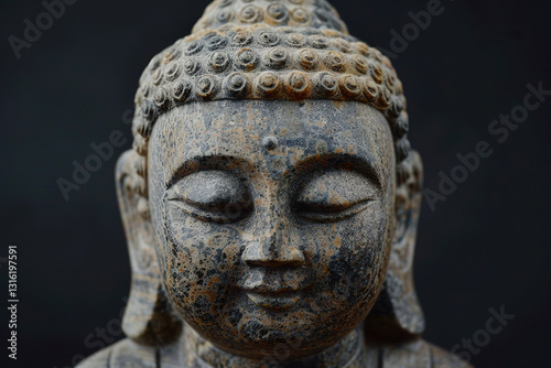 Ancient statue great Buddha on bright holiday composition, abstract vivid composition consists of fictional unreal fantastic vision on background