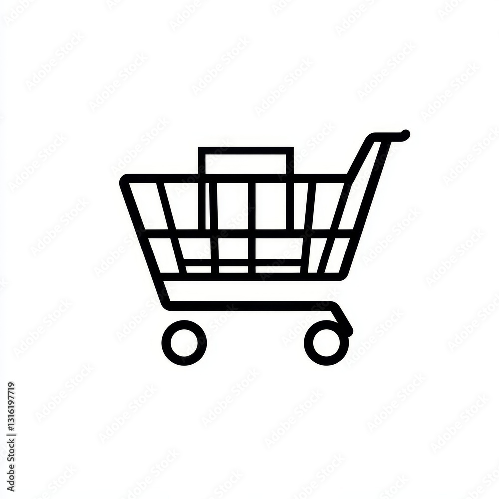 A simple black line art icon depicting a shopping cart carrying a box to represent online shopping and delivery A simple black line art icon depicting a shopping cart carrying a box to represent online shopping and delivery