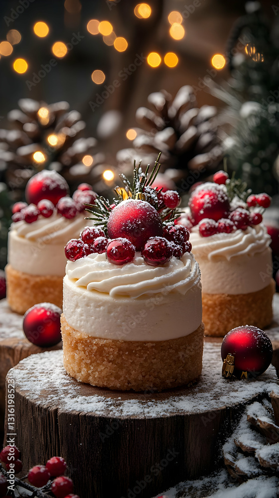 Festive Christmas Miniature Cakes With Red Ornaments And Berries Festive Christmas Miniature Cakes With Red Ornaments And Berries