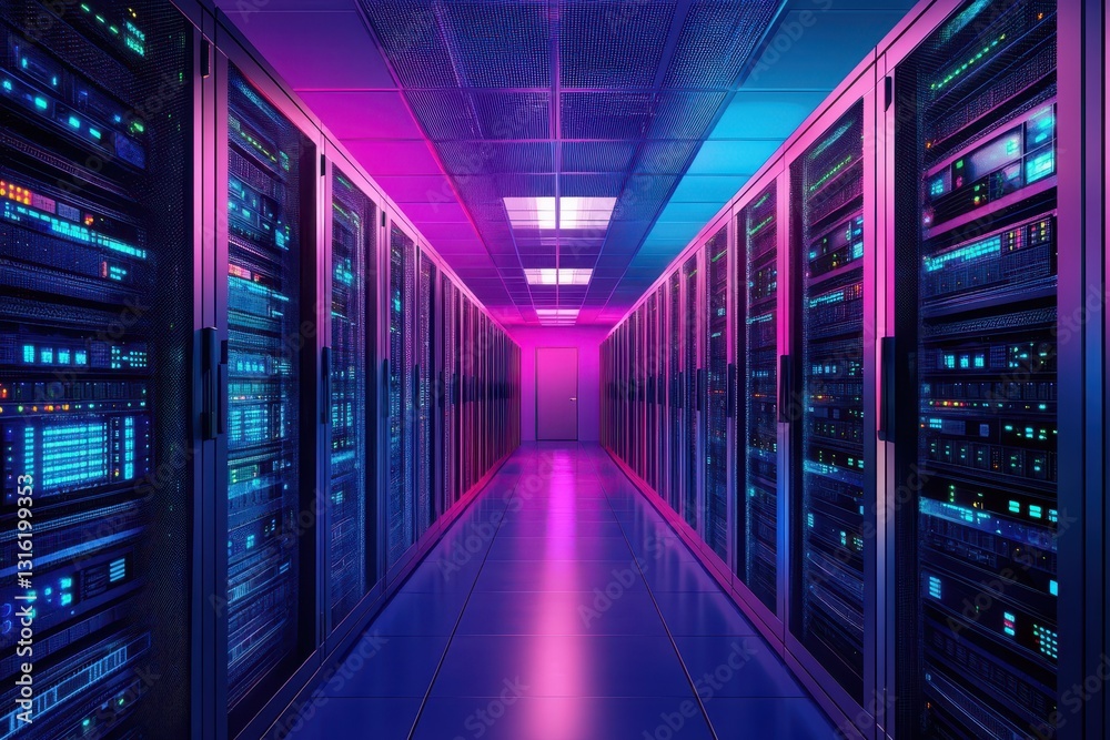 Multicolor beams light up a high-tech data center server room, creating an impressive atmosphere Multicolor beams light up a high-tech data center server room, creating an impressive atmosphere