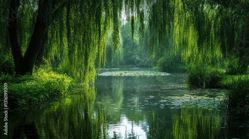 Lush Willow Trees Over Calm Water