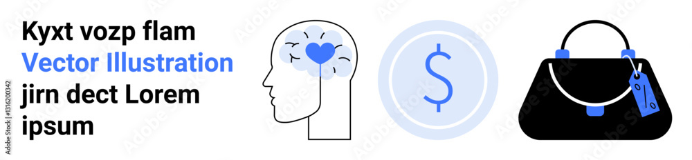 Head silhouette with heart in brain, dollar coin symbol, and handbag. Ideal for creativity, finance, economics, fashion, commerce personal branding entrepreneurship. Flat landing page banner Head silhouette with heart in brain, dollar coin symbol, and handbag. Ideal for creativity, finance, economics, fashion, commerce personal branding entrepreneurship. Flat landing page banner