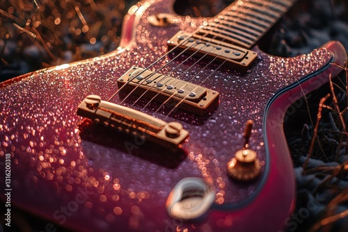Close-up of a red electric guitar covered in water droplets, resting on the ground outdoors in sunlight.