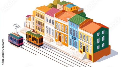 Colorful Streetcar Tram in Isometric Cityscape