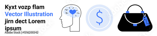 Head silhouette with heart in brain, dollar coin symbol, and handbag. Ideal for creativity, finance, economics, fashion, commerce personal branding entrepreneurship. Flat landing page banner