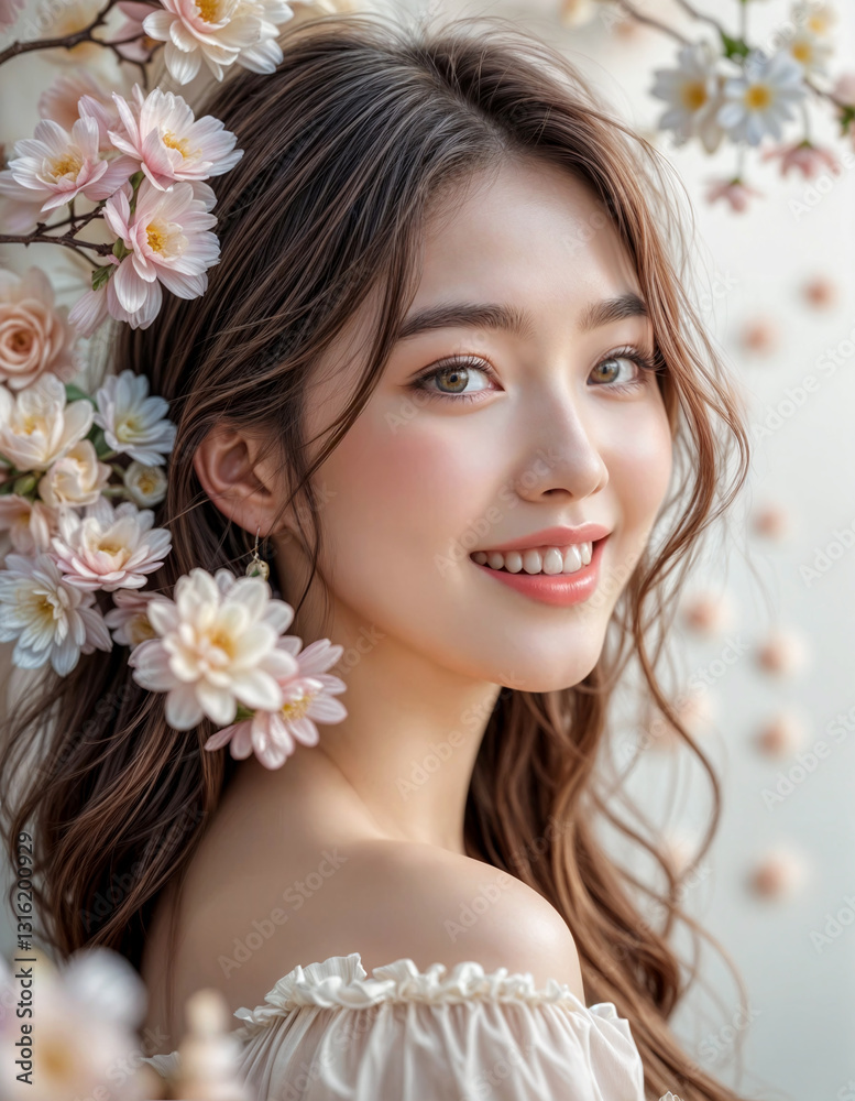 A delicate, soft-focus portrait of a stunning, cheerful adult woman embodying the essence of spring