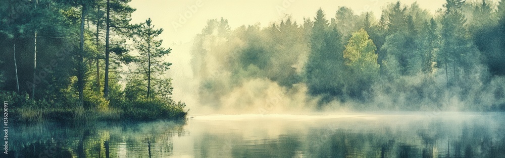 Misty morning by the tranquil lake surrounded by lush greenery and serene reflections Misty morning by the tranquil lake surrounded by lush greenery and serene reflections