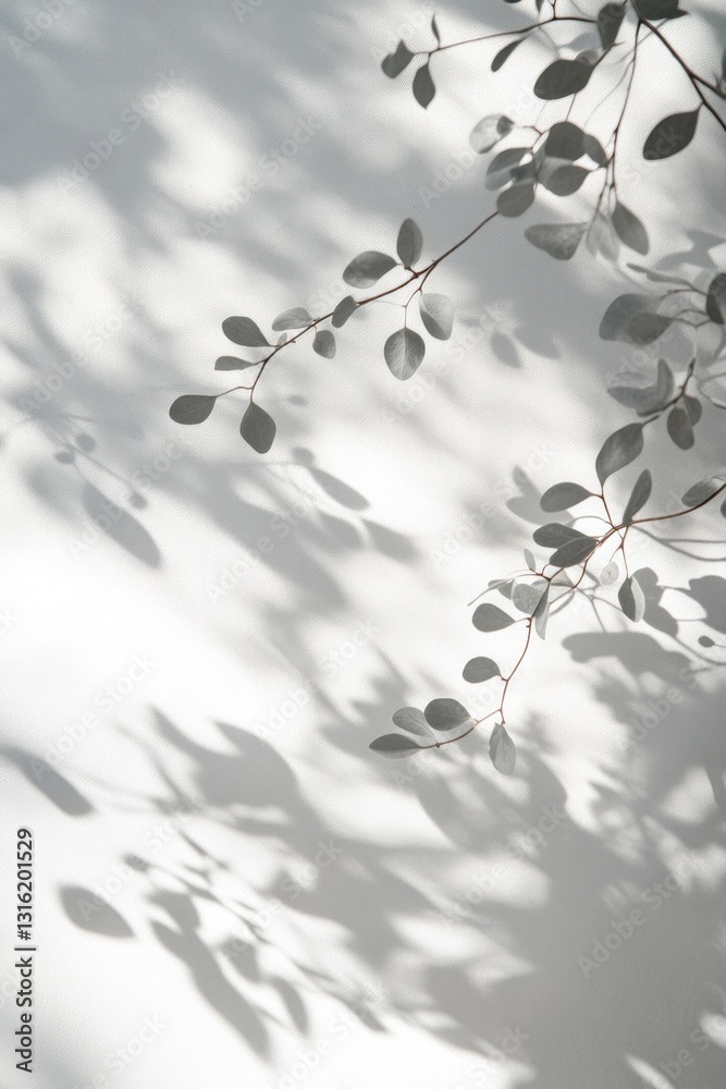 Fototapeta premium Sunlight casts shadows of eucalyptus leaves on a white wall, creating a minimalist, botanical backdrop.
