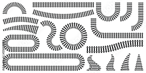Railway track set. Subway train tracks vector curved, straight, circular, and Wavy. Isolated elements