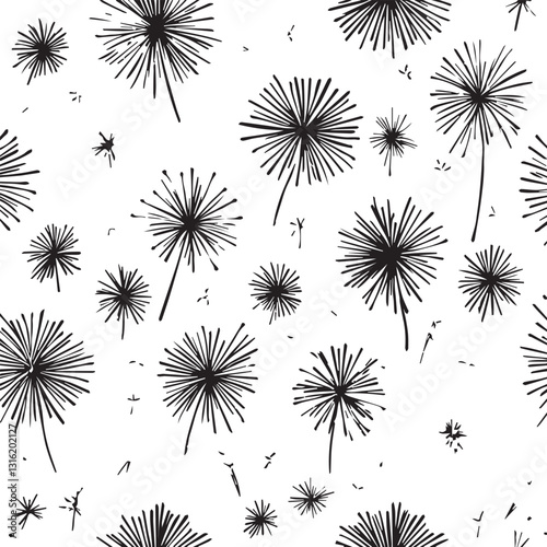 Abstract black and white repeating pattern of dandelion puffs in flight with delicate lines and dots illustrating natural seed dispersal on.