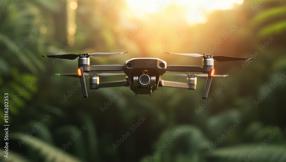 Modern aerial drone with advanced camera technology flying in a lush forest during sunset capturing detailed images with soft natural light in the background Modern aerial drone with advanced camera technology flying in a lush forest during sunset capturing detailed images with soft natural light in the background