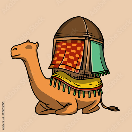 A hijrah camel wearing a saddle is sitting
