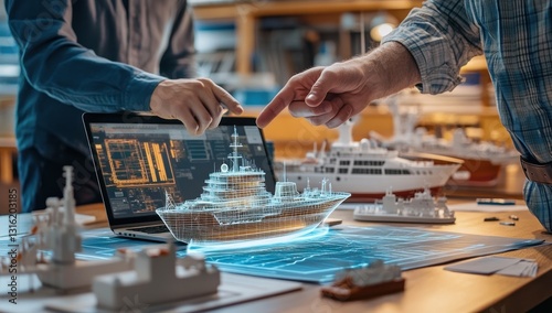 Two engineers collaborate, using laptop and holographic projection to design a yacht.