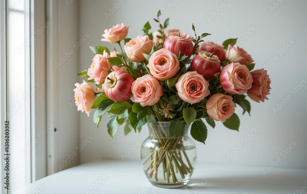 Obraz premium A glass vase filled with pink apple blossoms on a white table in a modern interior setting