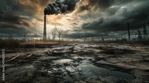Polluted Industrial Landscape with Towering Smokestack and Choking Black Smoke