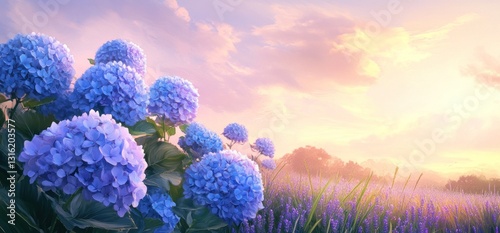 Vibrant blue hydrangeas in a lavender field at sunrise.
