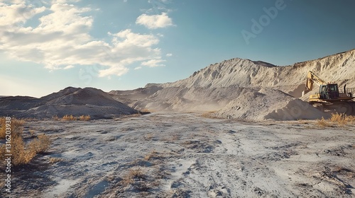 Expansive Desert Quarry Landscape with Heavy Construction Equipment