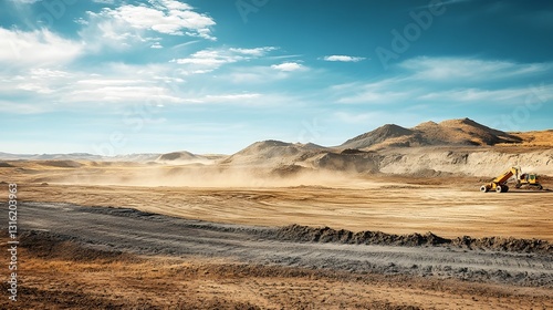 Rugged Mineral Landscape with Construction Amid Dramatic Desert Scenery