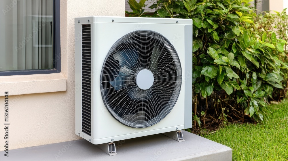 An outdoor air conditioning unit installed next to a window, surrounded by lush green foliage. An outdoor air conditioning unit installed next to a window, surrounded by lush green foliage.