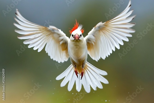 Red-crested cardinal mid-flight: majestic wings in motion against blurred background photo