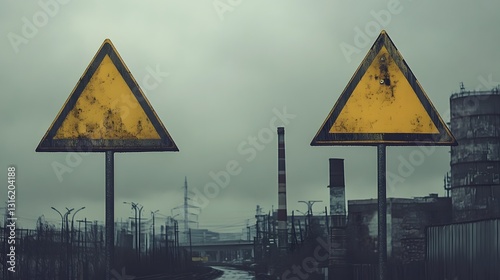 Abandoned Industrial Cityscape with Minimalist Warning Signs on Metal Poles