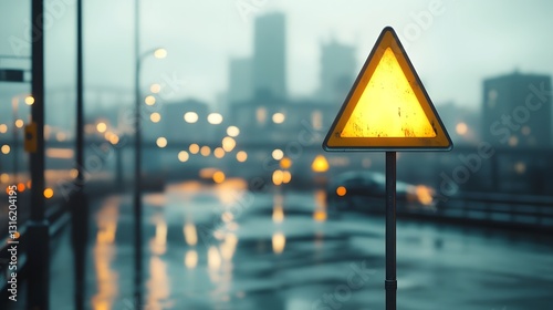 Glowing Amber Traffic Signal in Rainy Cityscape at Night