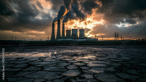 Ominous Silhouette of Towering Smokestacks Against a Foreboding Skyline Reflecting Dire Environmental Consequences