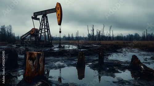 Weathered Offshore Oil Well Surrounded by Contaminated Swampland and Dying Vegetation