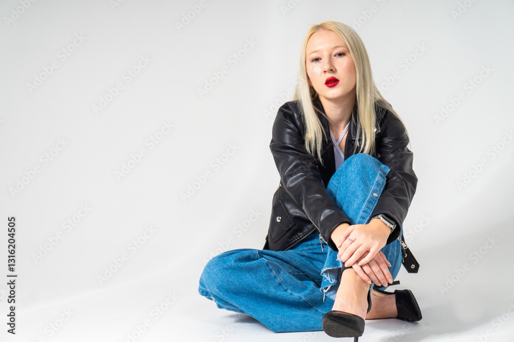 Pretty blonde girl sitting on white background. Model is wearing black leaher jacket and blue jeans. Copy space Pretty blonde girl sitting on white background. Model is wearing black leaher jacket and blue jeans. Copy space