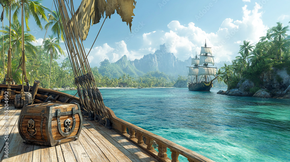Fototapeta premium A background view from a pirate ship's deck looking towards a tropical island with a hidden Corsair treasure chest, featuring a battleship with a skull and crossbones flag