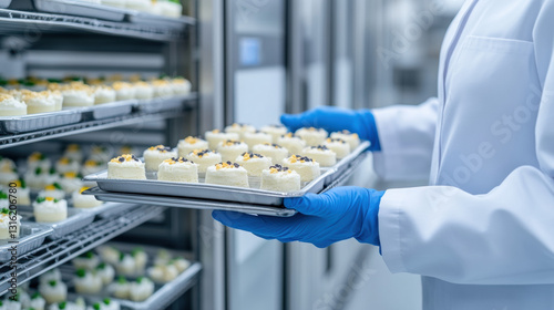 Pudding factory, Worker loading trays of pudding into an industrial setting.